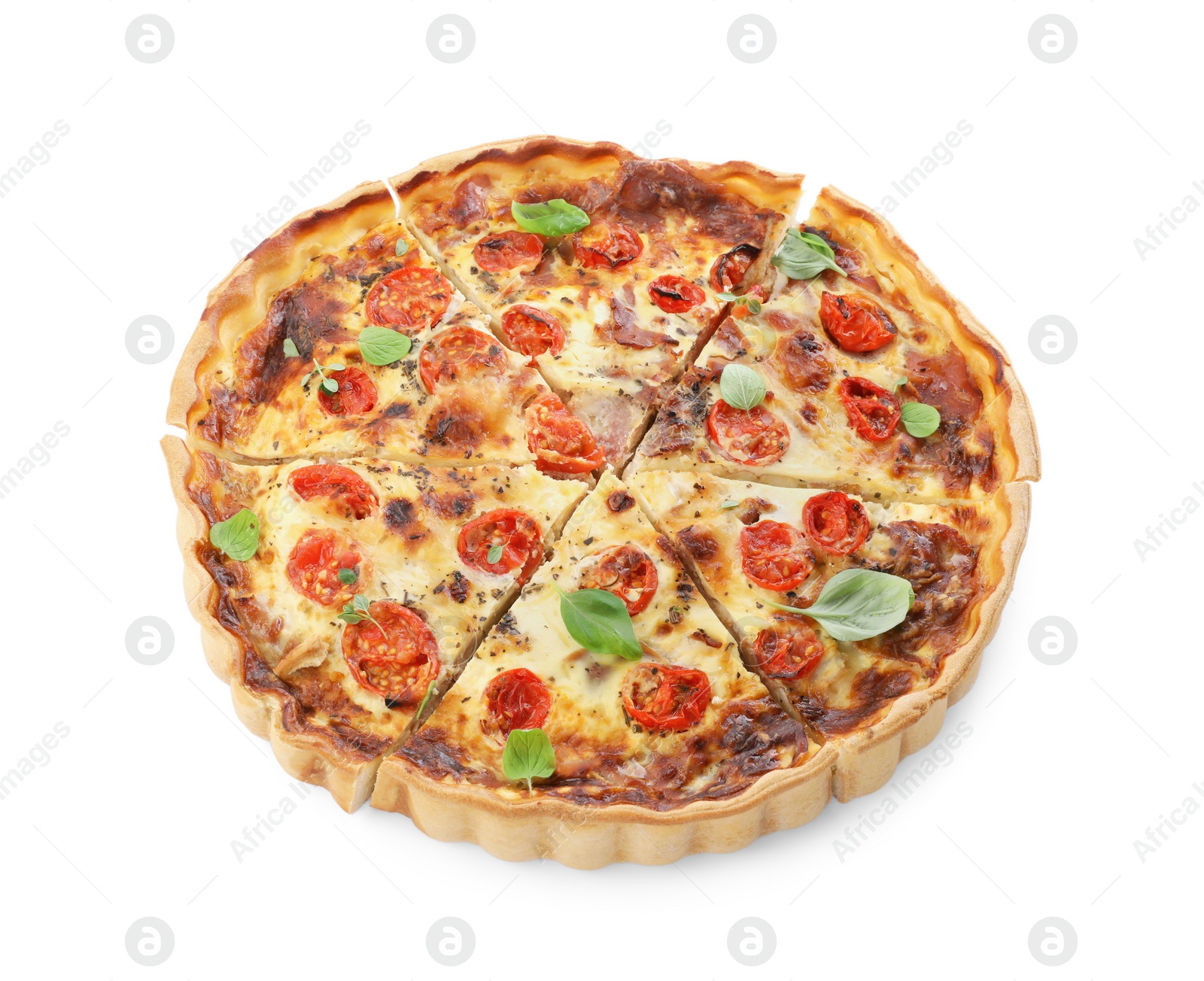 Photo of Cut delicious homemade quiche with prosciutto isolated on white, above view