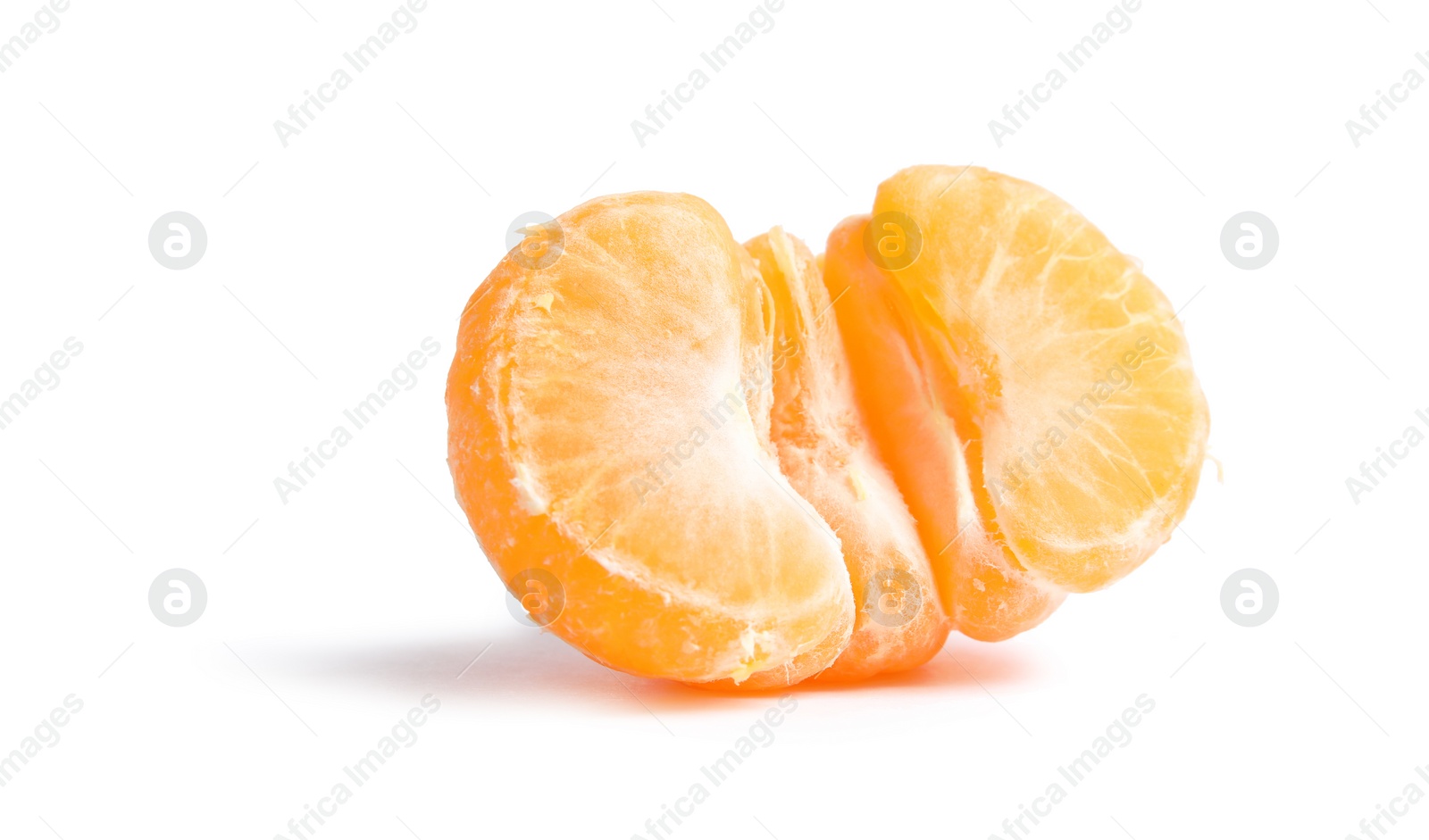 Photo of Half of peeled ripe tangerine on white background