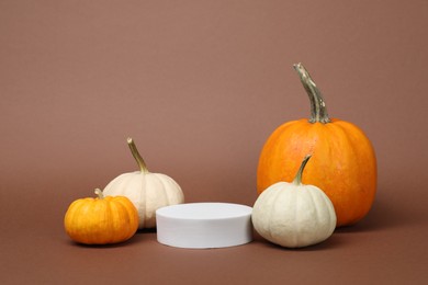 Photo of White round shaped podium and pumpkins on light brown background. Autumn presentation for product