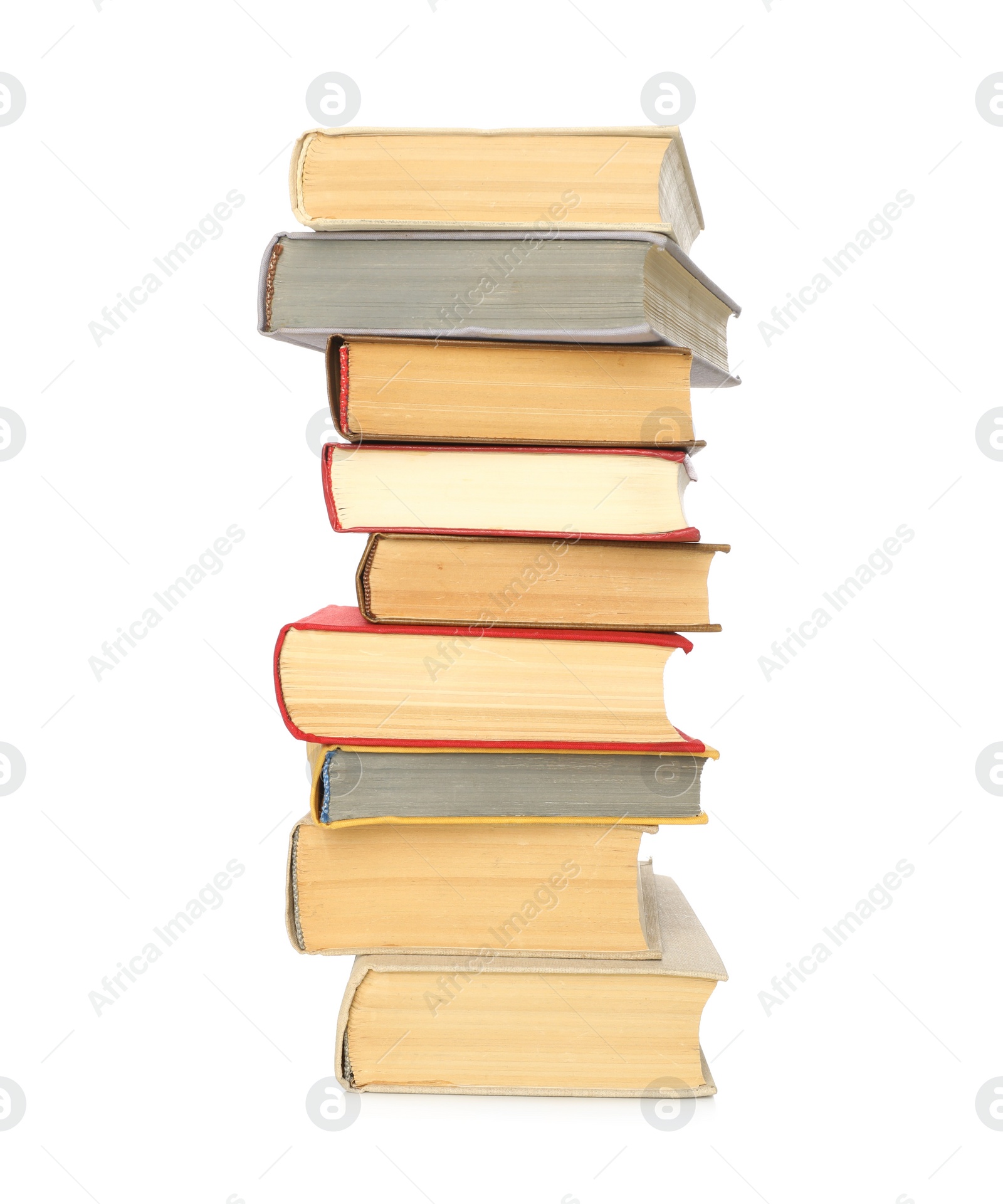 Photo of Stack of library books on white background