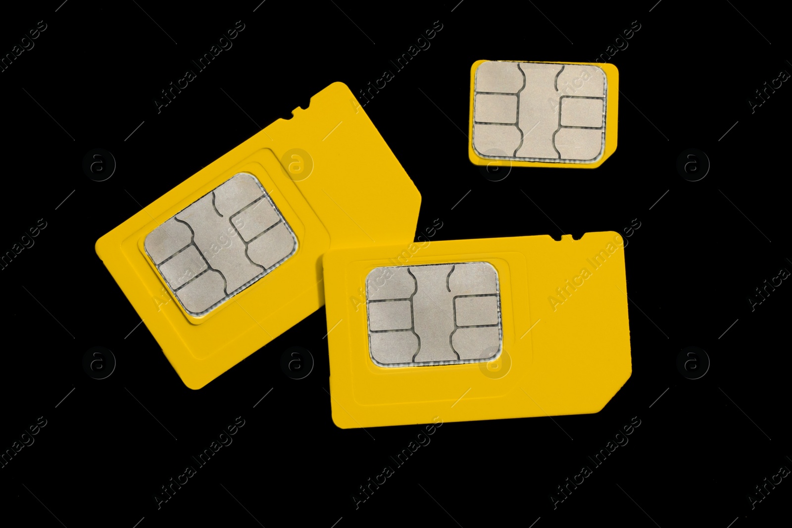 Photo of Different SIM cards on black background, flat lay