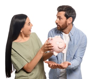 Photo of Couple with ceramic piggy bank on white background