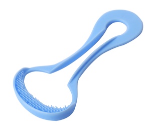 Photo of New tongue cleaner for oral care on white background