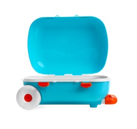 Stylish little blue suitcase on white background