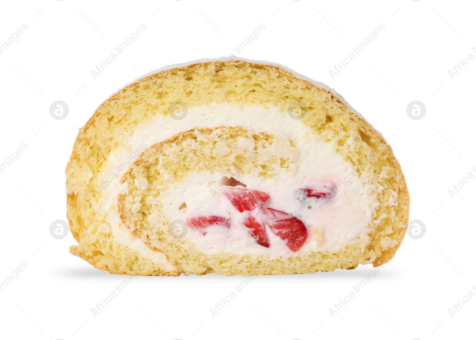 Photo of Delicious sponge cake roll with strawberries and cream on white background