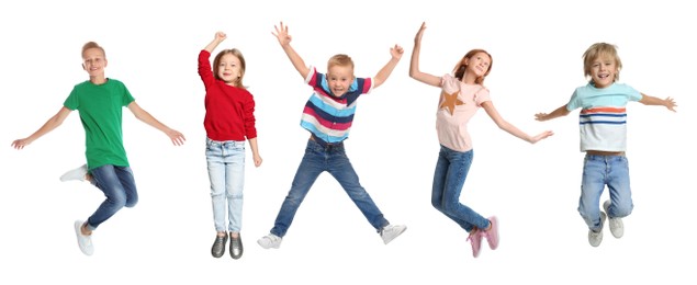 Image of Cute little children jumping on white background, collage. Banner design