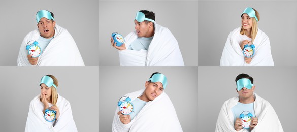 Image of Collage with photos of people wrapped in blankets with alarm clocks on light grey background. Banner design