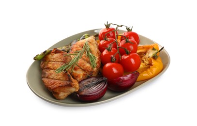 Photo of Plate with tasty grilled vegetables, meat, fresh cherry tomatoes and rosemary isolated on white