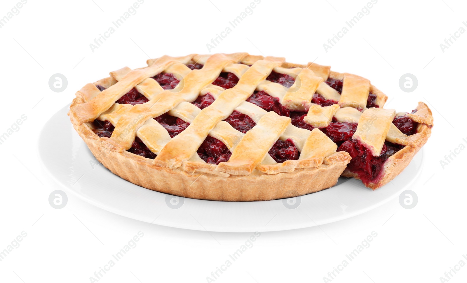 Photo of Delicious fresh cherry pie isolated on white