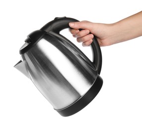 Photo of Woman holding stylish electrical kettle isolated on white. Household appliance