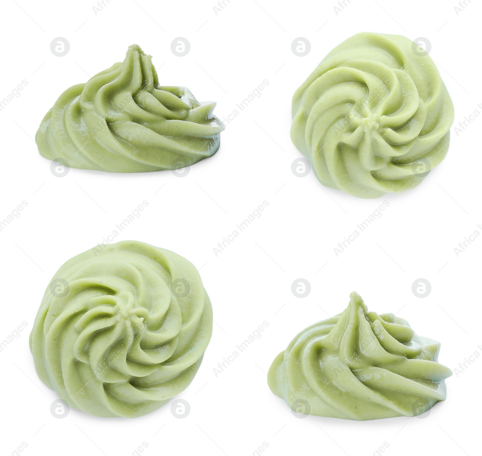 Image of Set with spicy wasabi paste on white background