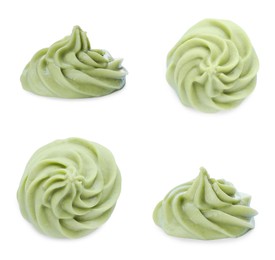 Image of Set with spicy wasabi paste on white background