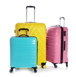 Photo of Modern suitcases for travelling on white background