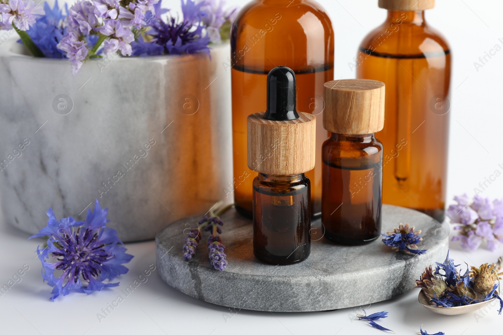 Photo of Aromatherapy. Different essential oils and flowers on white background