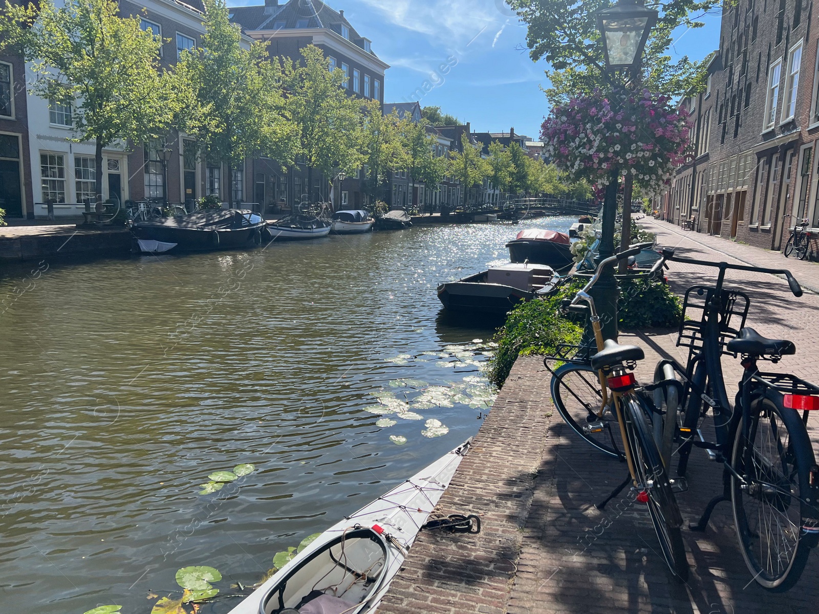 Photo of Leiden, Netherlands - August 03, 2022: View of city street with buildings along canal