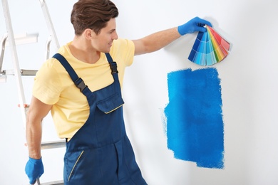 Photo of Male decorator holding color palette samples indoors
