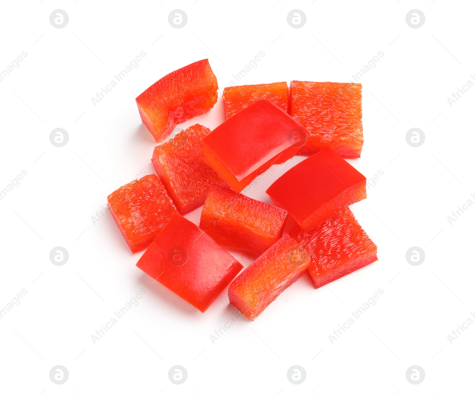 Photo of Slices of ripe red bell pepper on white background