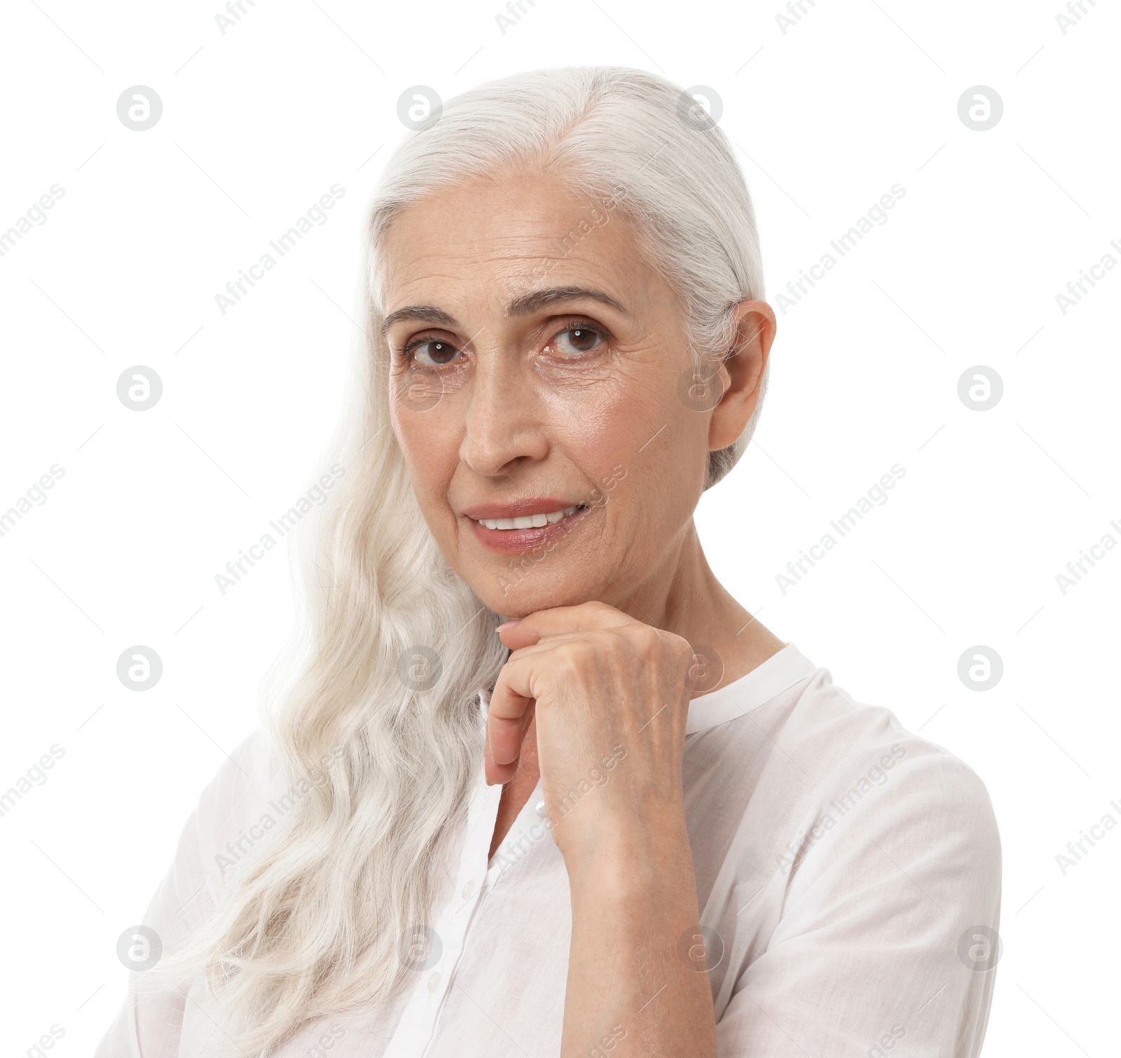 Photo of Portrait of beautiful mature woman on white background