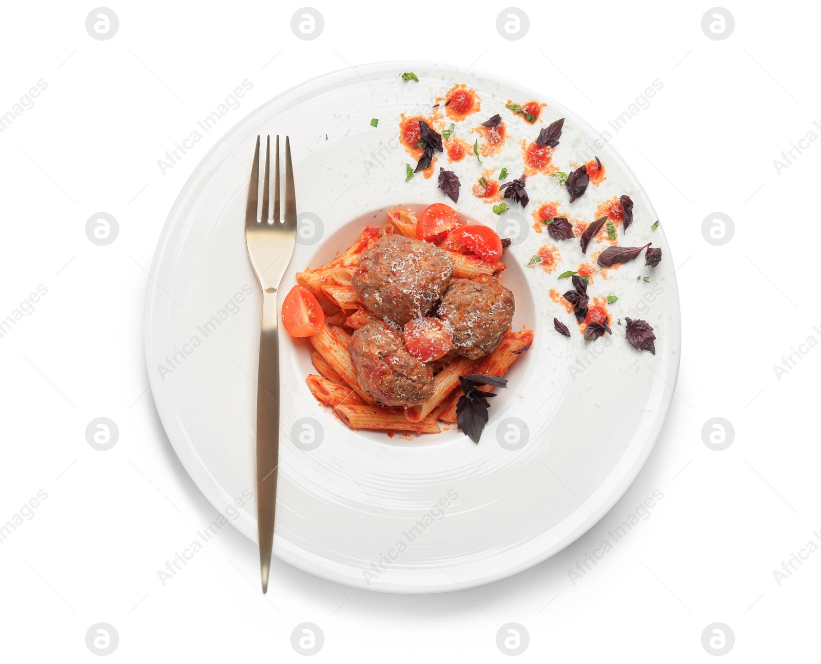 Photo of Delicious pasta with meatballs and tomato sauce on plate, isolated on white