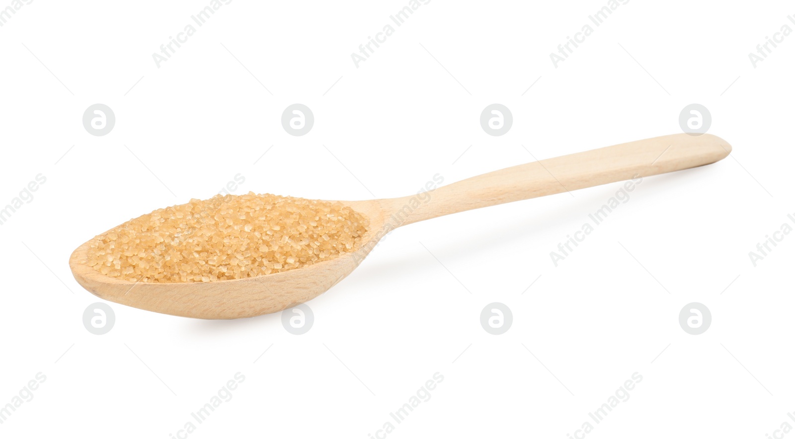 Photo of Wooden spoon with brown sugar isolated on white