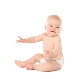 Photo of Cute little baby on white background. Crawling time