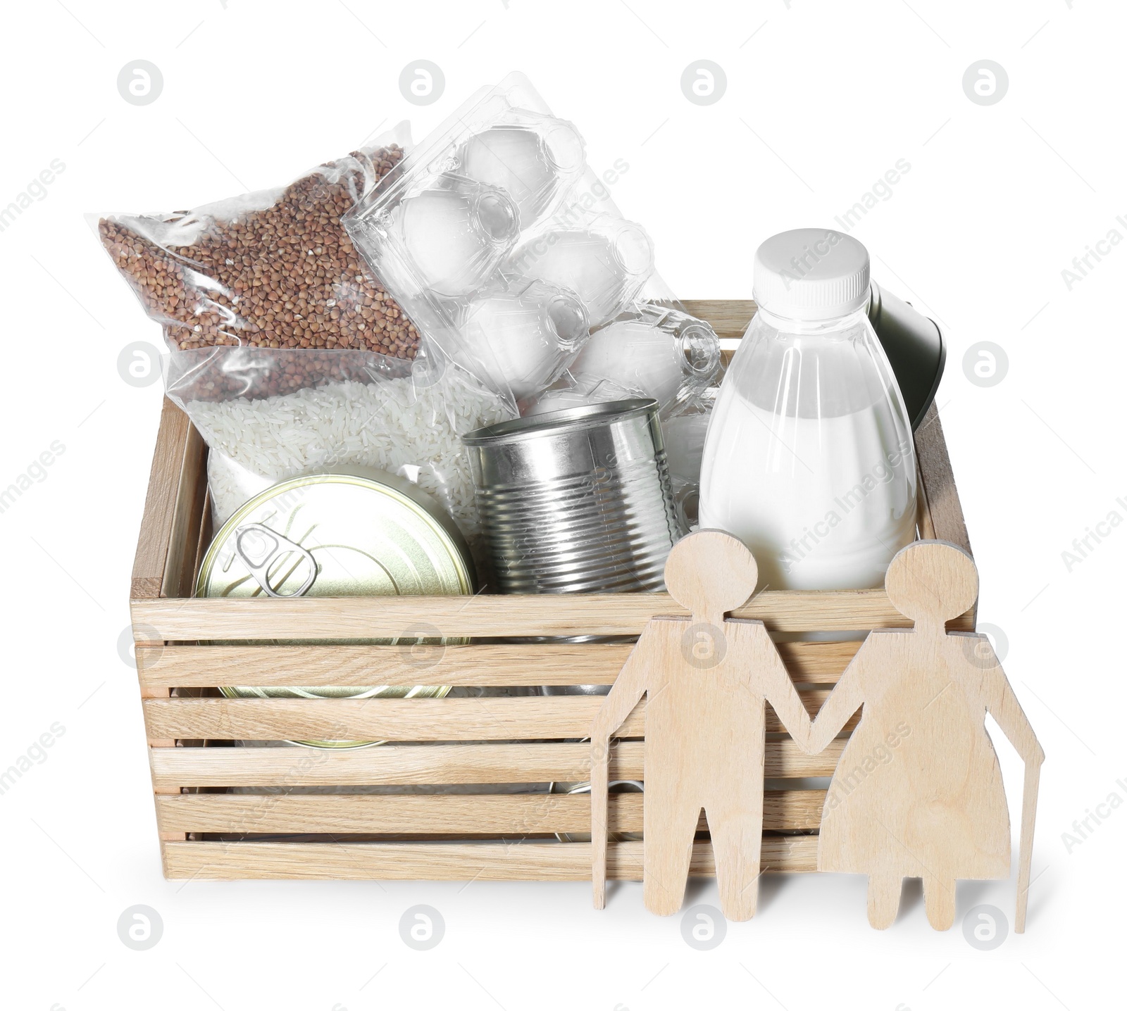 Photo of Humanitarian aid for elderly people. Donation box with food products and figure of senior couple isolated on white