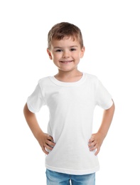 Photo of Little boy in t-shirt on white background. Mockup for design