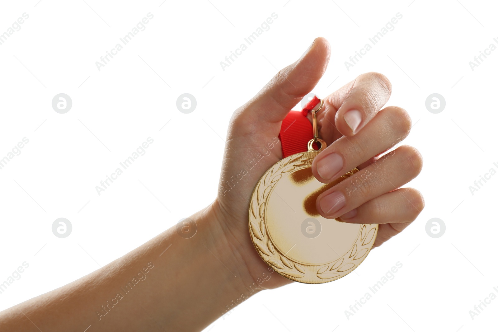 Photo of Woman holding golden medal on white background, closeup. Space for design