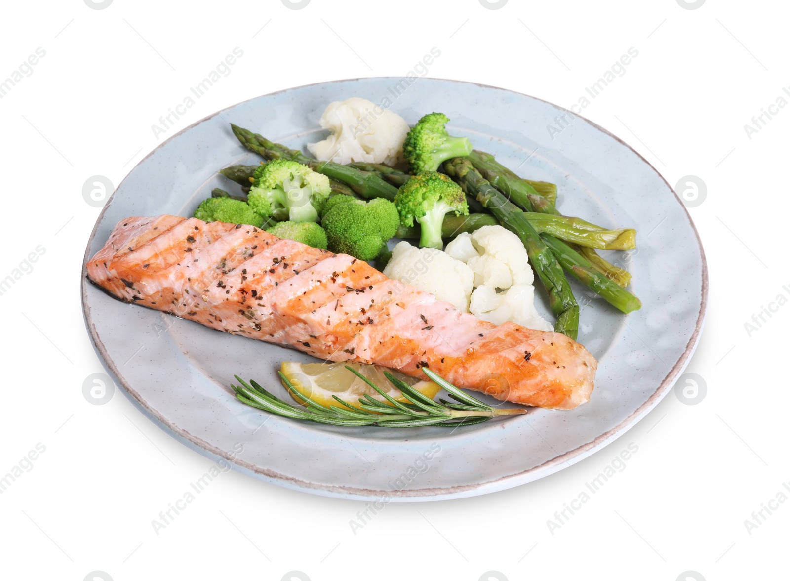 Photo of Healthy meal. Piece of grilled salmon, vegetables, lemon, asparagus and rosemary isolated on white