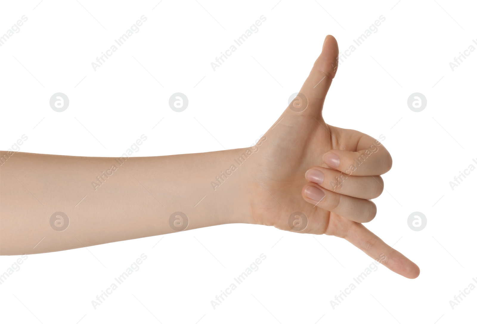 Photo of Woman showing shaka gesture isolated on white, closeup