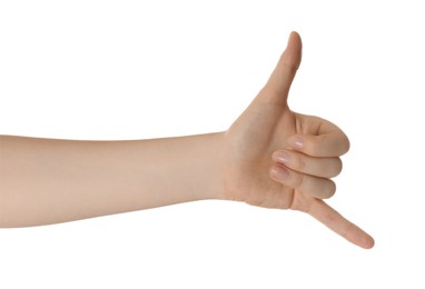 Photo of Woman showing shaka gesture isolated on white, closeup
