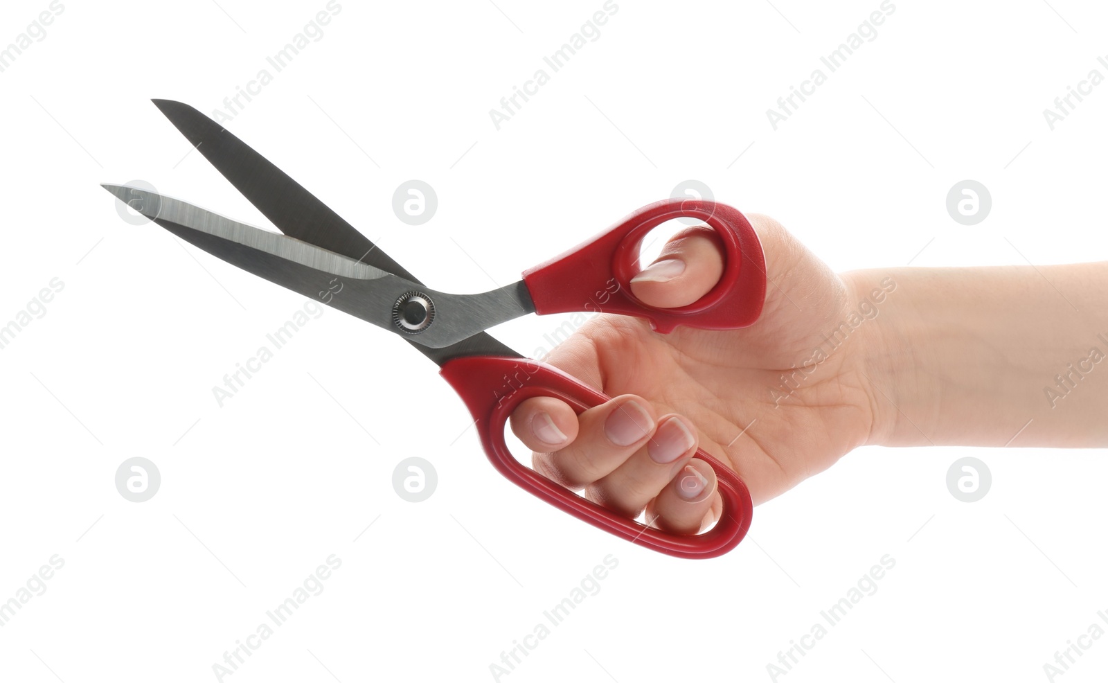 Photo of Woman holding scissors on white background, closeup