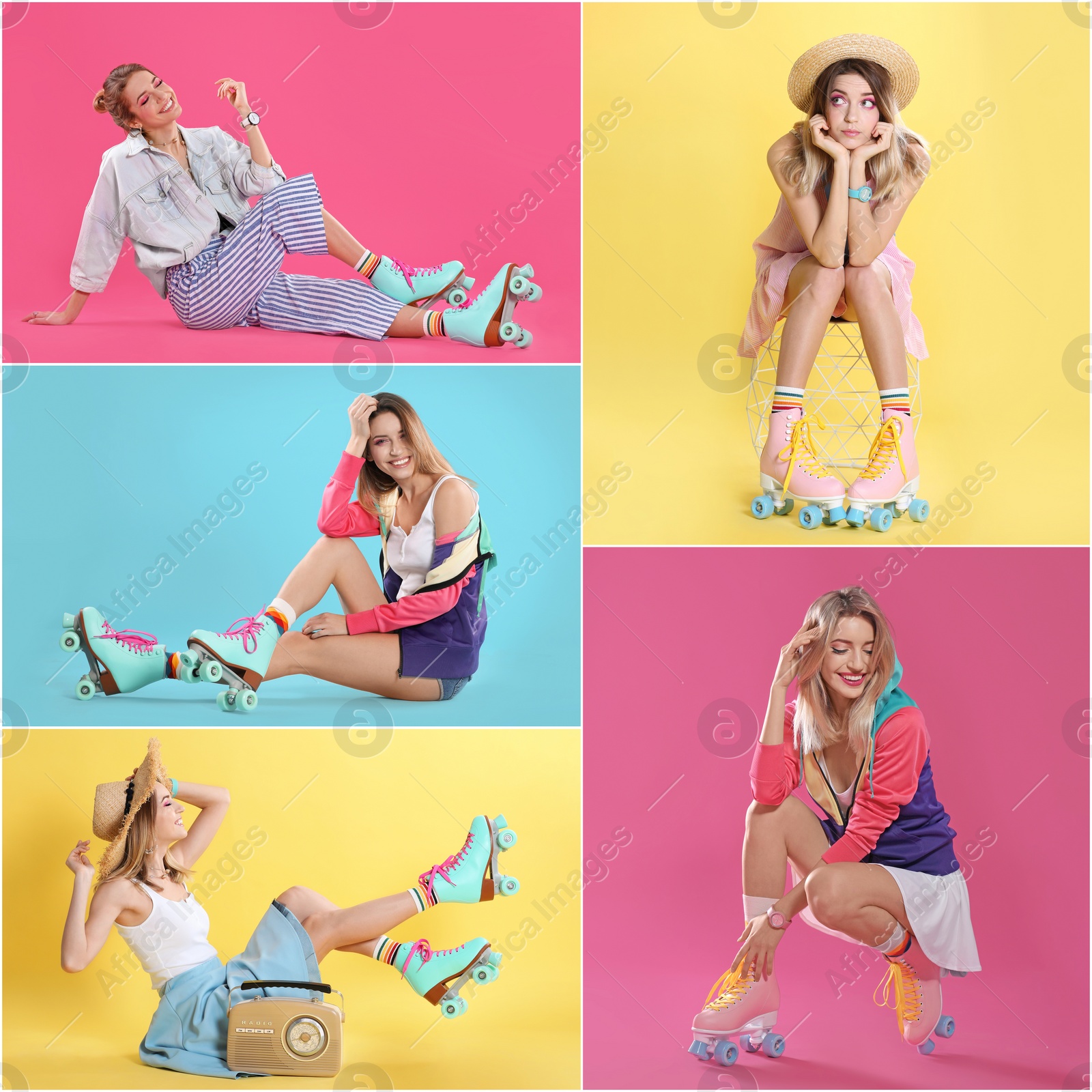 Image of Photos of young beautiful woman with roller skates on different color backgrounds, collage design