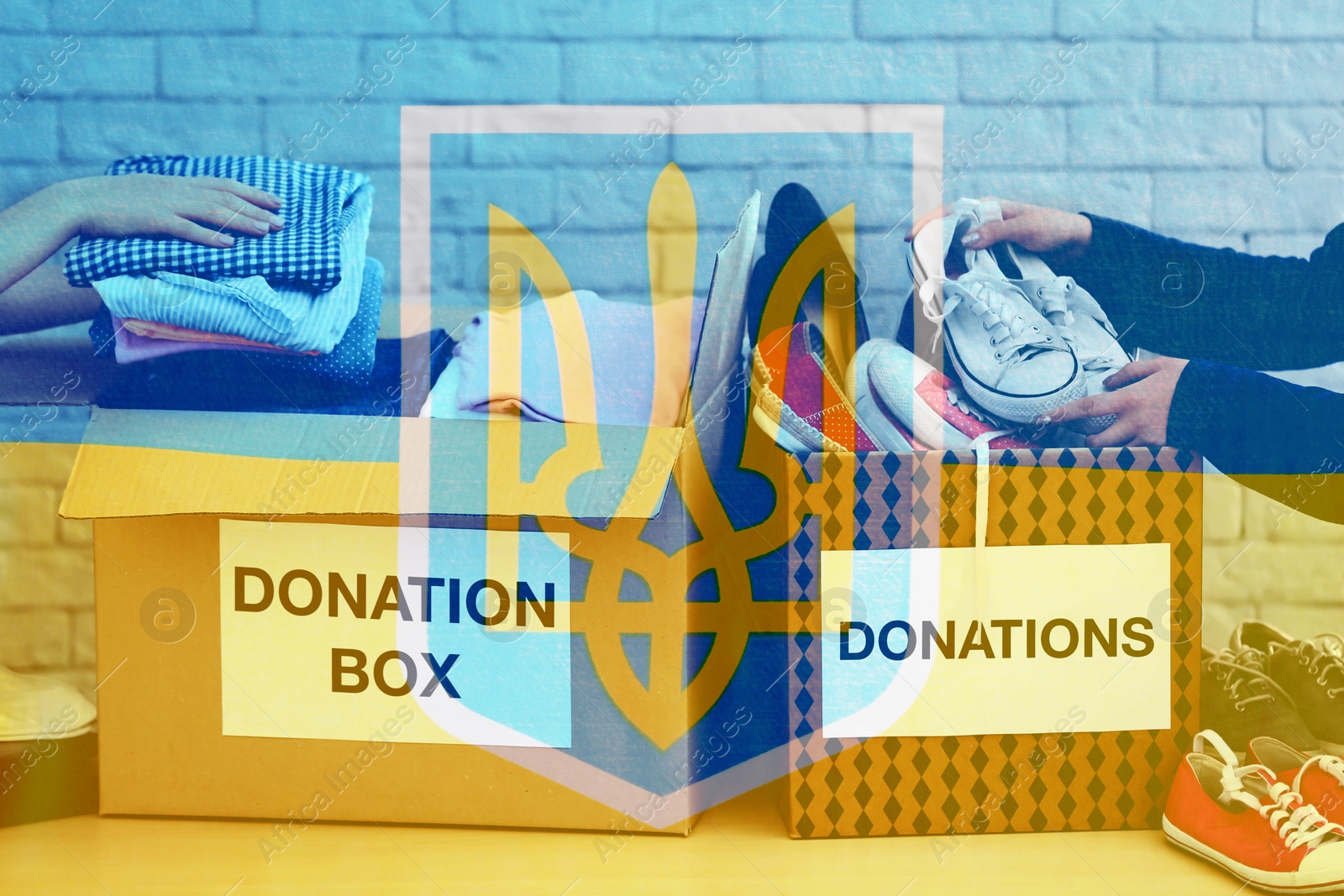 Image of Double exposure of volunteers packing donation boxes and Ukrainian flag. Help during war