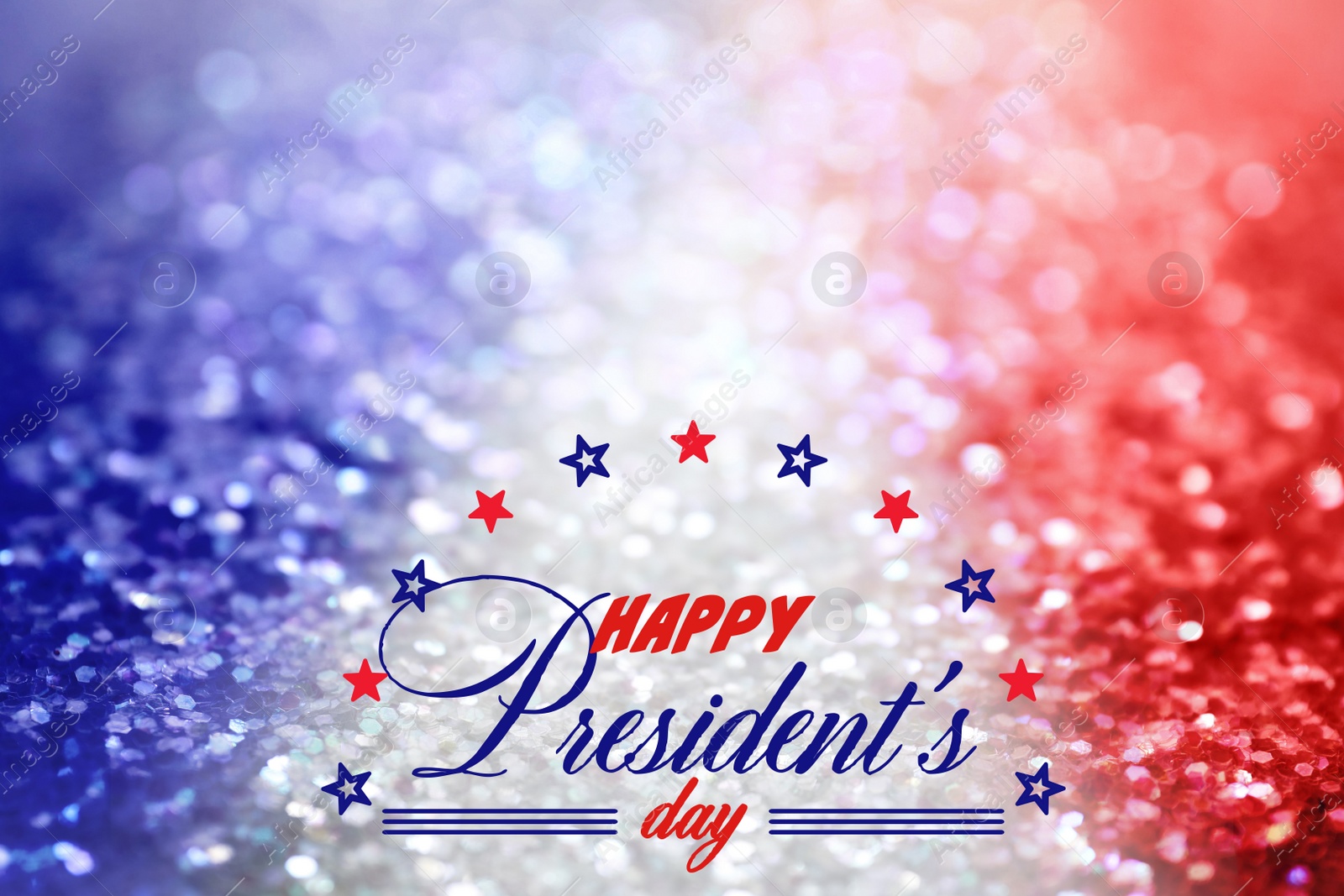 Image of Happy President's Day - federal holiday. Blurred view of glitters in colors of American national flag, bokeh effect