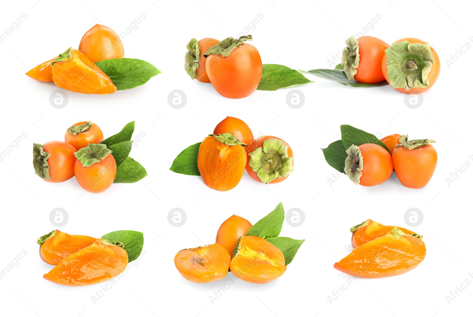 Image of Set of delicious fresh ripe persimmons on white background