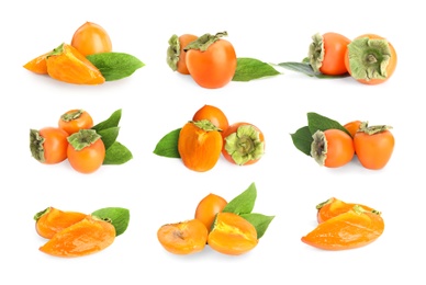 Set of delicious fresh ripe persimmons on white background