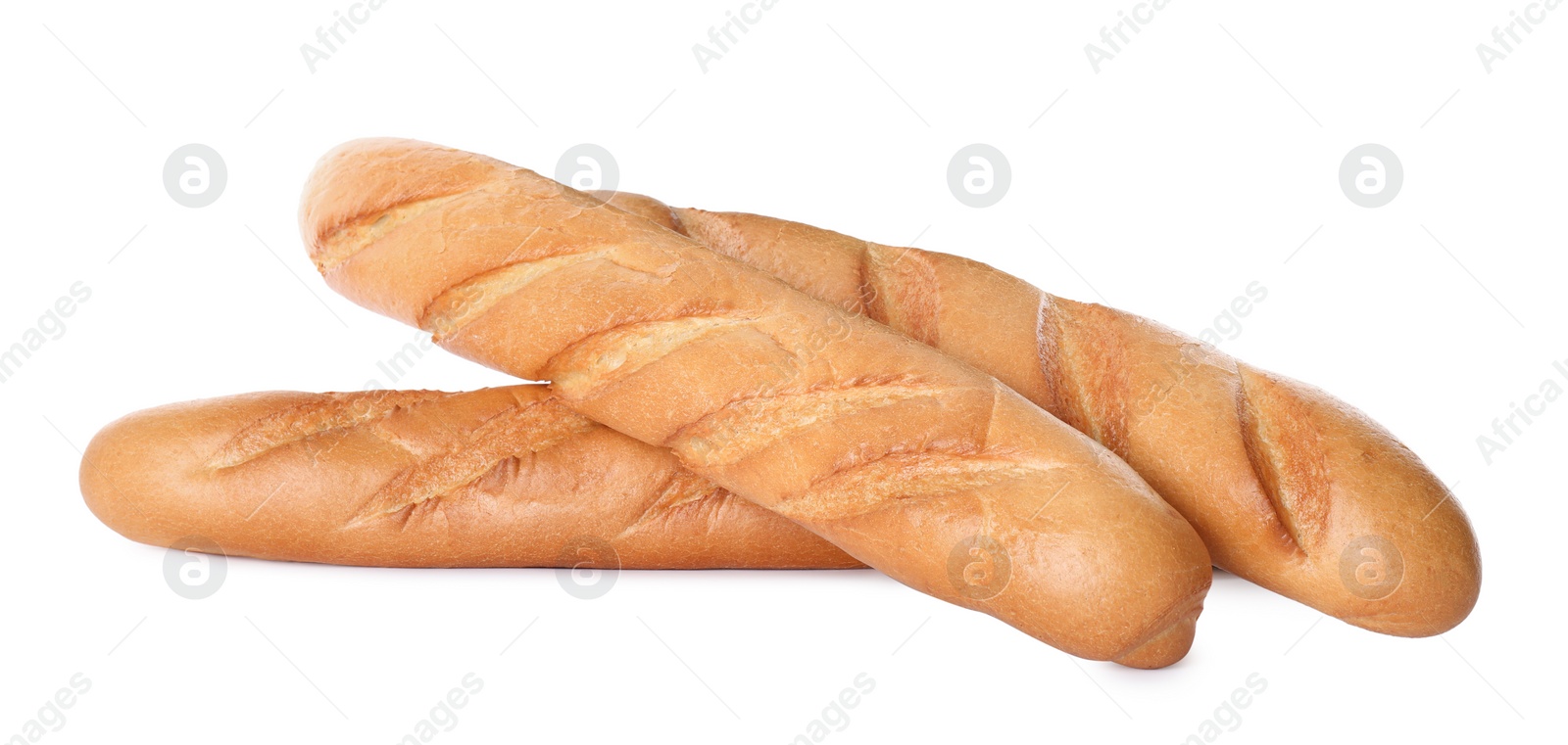 Photo of Tasty baguettes on white background. Fresh bread