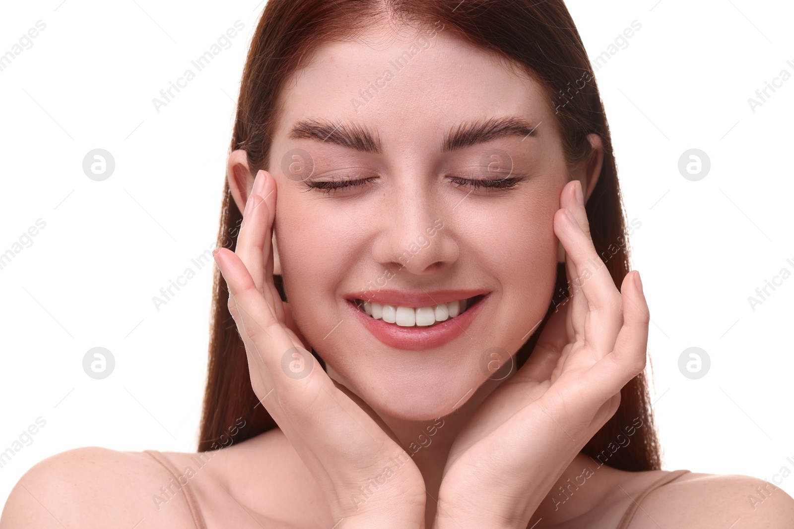 Photo of Portrait of smiling woman on white background