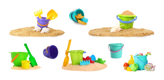 Image of Set of different plastic beach toys on white background 