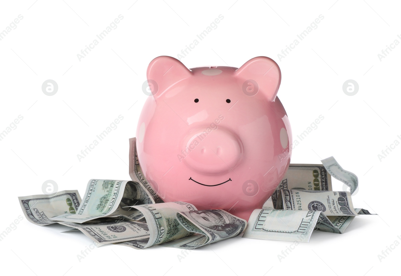 Photo of Piggy bank with money isolated on white