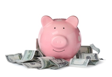 Piggy bank with money isolated on white