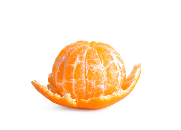 Peeled fresh juicy tangerine with zest isolated on white