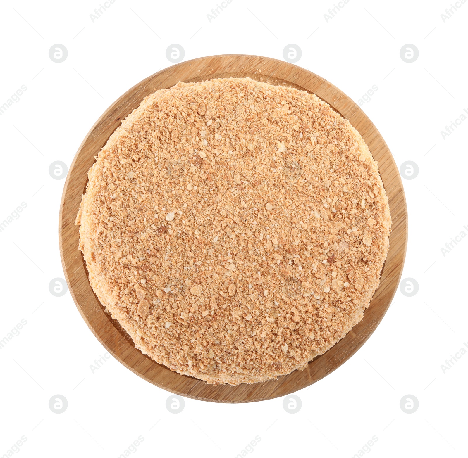 Photo of Delicious freshly baked Napoleon cake isolated on white, top view