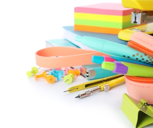 Different colorful stationery on white background. Back to school