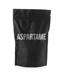 Image of Aspartame. Black foil package with artificial sweetener on white background