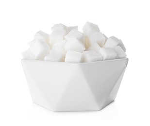 Photo of Sugar cubes in bowl on white background