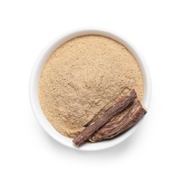 Dried sticks of liquorice root and powder in bowl on white background, top view