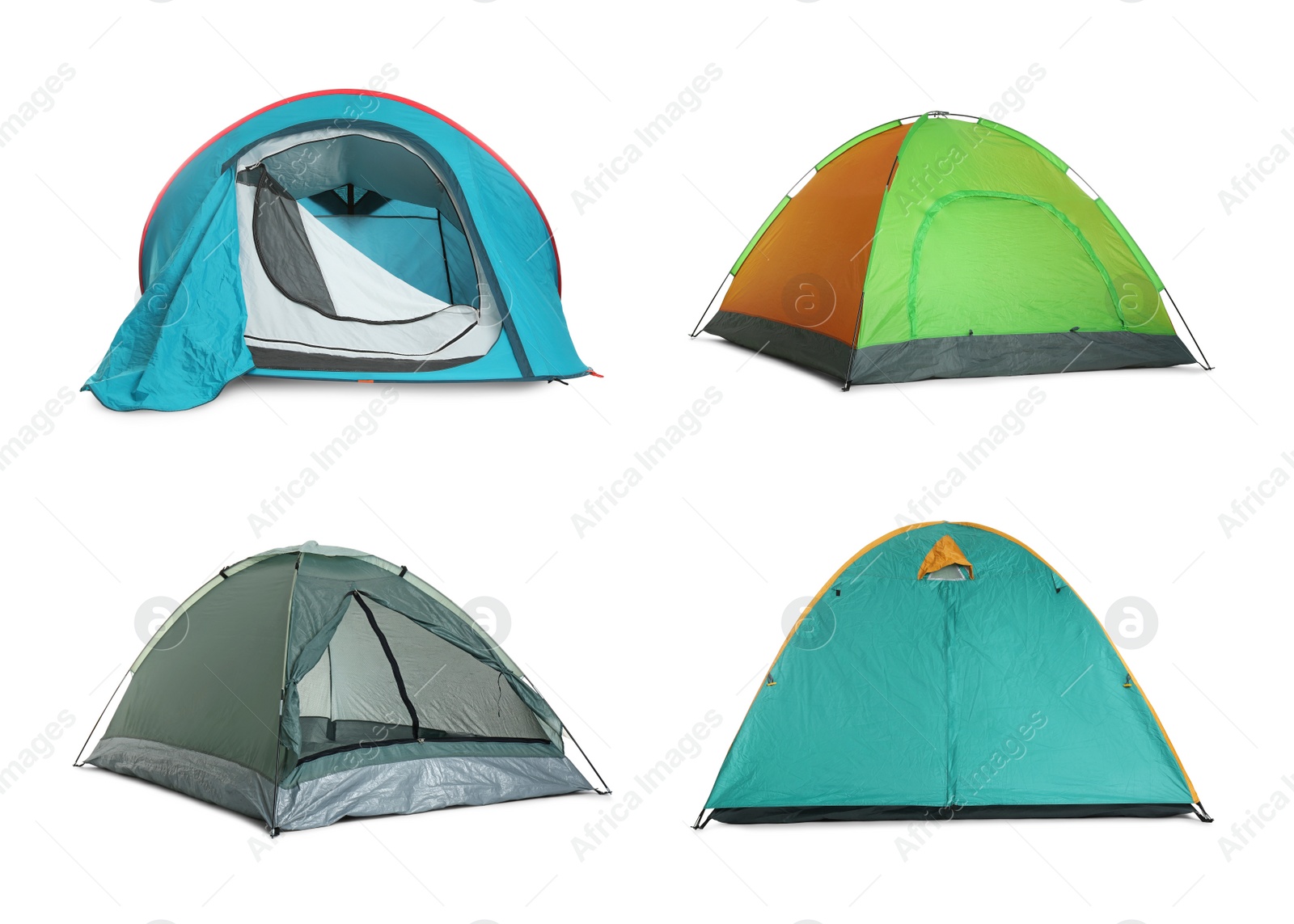 Image of Set with different bright camping tents on white background 