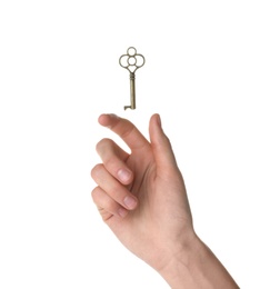 Photo of Woman and bronze vintage key on white background